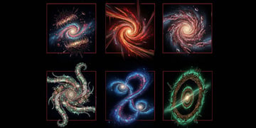 Six different cosmic galaxy swirls, as captured by an AI anomaly system.