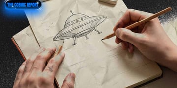 Human hands drawing a UFO on a sketchpad.