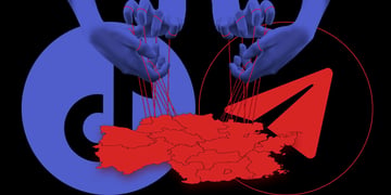 A TikTok logo and Telegram logo entangled in puppet strings controlling a map of Germany.