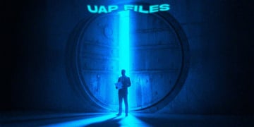 The silhouette of a gatekeeper holding a UAP file with neon green lights.