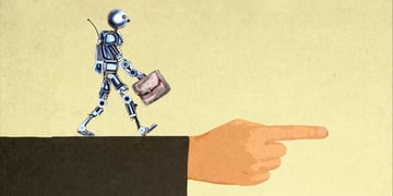 right arm, black sleeve, finger pointing right, tin robot on arm sleeve, carries suitcase