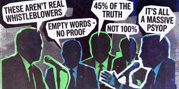 Silhouetted talking heads, with UFO conspiracy theory speech bubbles.