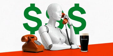 A robot is making a phone call, a Guinness pint next to it