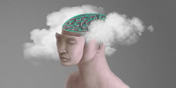 A figure of a person with fog coming out of their scalp