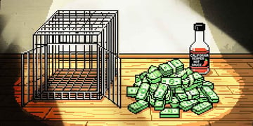 An empty dog cage, a bottle of hot sauce, and stacks of money.