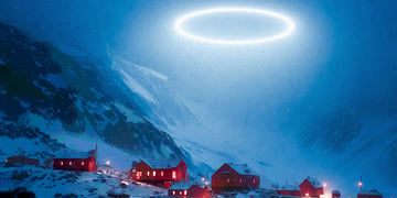 Antarctic research base with UFO esque light above it.