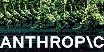 Soldiers marching on the black background, the logo of Anthropic