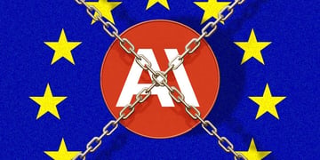 Anthropic logo with chains crossing it, the European Union flag on the background