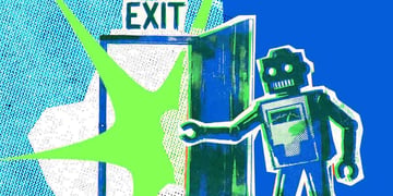 old school robot opens doors, green exit sign, green star, blue background
