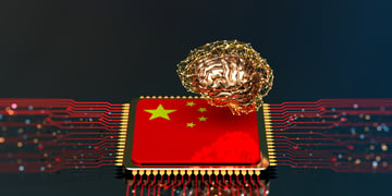 china flag on AI chip, golden brain above, black background