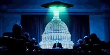 A UFO in a congress room full of politicians in the shadows.