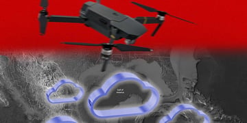 A drone bomber with clouds and a map of the gulf coast.