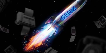 A vibrant rocket labelled "gen-Z" alongside dated devices.