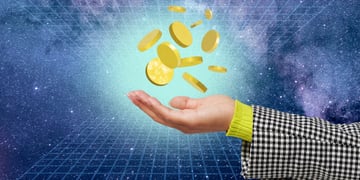 gold coins in blue space, purple cloud, white right hand, plaid jacket sleeve, yellow sleeve