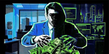 man, left side wears blue office jacket, right side is in shadow, both arms hold green dollars