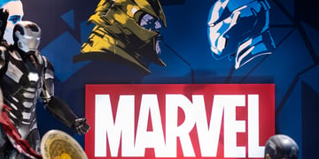 marvel logo, red background, white letter, yellow, blue helmet profiles, 