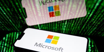 microsoft logo, red, green, blue, yellow squares, white smartphone screen, matrix like backgound