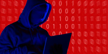 man in hoodie, black and blue colors, dark laptop, red binary code backround, orange numbers