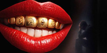 red lips, golden upper teeth with crypto currency, poor man in black background.