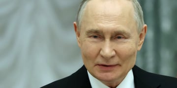 vladimir putin, white collar shirt, black suit, doll-like wrinkleless face, grey background