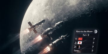 Grey moon, three rockets racing, flags of US, China and Japan