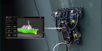 ship wall climbing robot,  black wires, thermo picture of navy ship on left