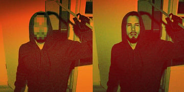 A man in a hoodie with his face blurred on the left, and with his face visible on the right