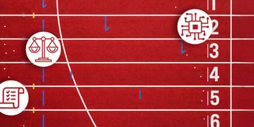 6 lane light brown stadium running track with icons representing governments, AI and legislation