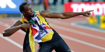 Jamaican sprinter Usain Bolt doing his signature move