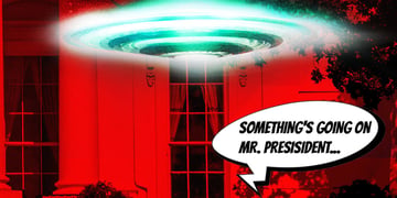 A green UFO flying in a red white house room with a sceptical speech bubble.