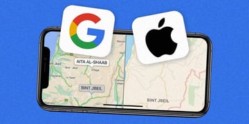 A split-screen of Google and Apple maps in mapping southern Lebanon.