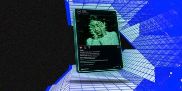 Smartphone social feed with  ad overlays, skyscrapers, turning into glitching deepfake faces