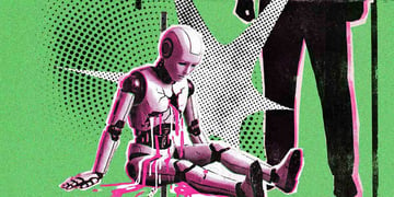 white ai bot sit on floor next to man's black suit pants, green background, textured star, green