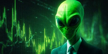 An alien in a suit by a crypto chart.