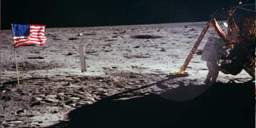 neil armstrong, white space suit, moon surface, grey crator, usa flag