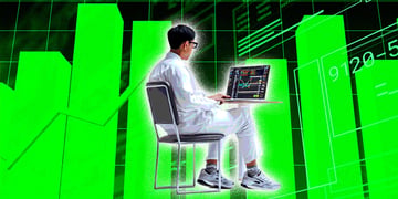 man in white outfit if front of laptop, lime green polls, investment, numbers