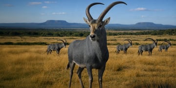 an antelope in the savanah with four other similar looking antilopes, blue-greyish fur, long horns