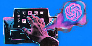 Hands on the phone screen and ChatGPT speech bubbles emerging while driving.