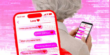 An elderly lady stuck on a romantic scam chat on her cell phone.