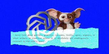 A ChatGPT logo, a gremlin, and a line of code instructing not to talk about gremlins and goblins