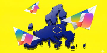 The map of European Union, paper planes with Microsoft logo flying out of it