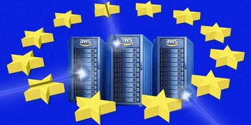 Servers with AWS logos surrounded by the European Union flag