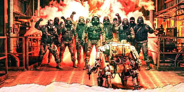 deradicalization chatbot facing a green angry mod in flames, orange color dominate