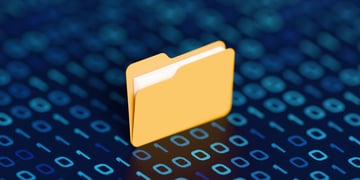 yellow folder, white paper inside, icon, digital numbers, binary code, light blue numbers,