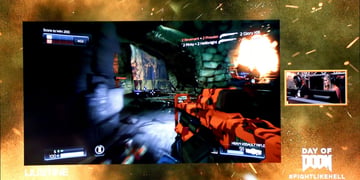 doom screen, gun shooting, blasts, two people on the right playing,