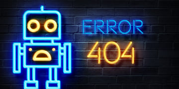 error 404 sign in blue and yellow, baby blue robot, yellow round eyes