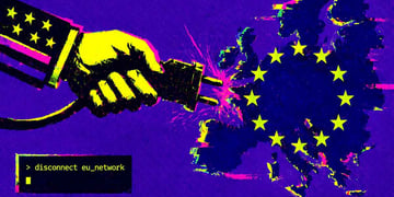 An arm with US flag on its sleeve pulling the pull from European map with the EU flag