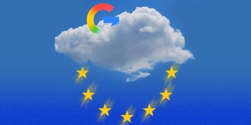 A cloud in a blue sky, fragments of the EU flag under it, and a Google logo behind it