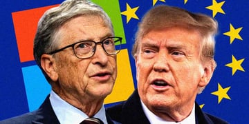 Bill Gates and Microsoft logo behind him next to Donald Trump, the EU flag on the background