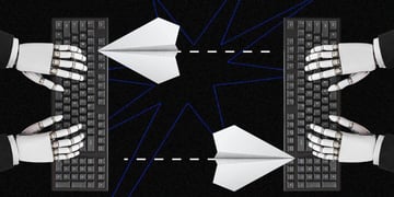 human hands on two keyboards sending paper planes to each other, black and white.